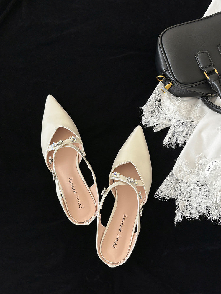 Karin Luna Elegant Pointed Toe Rhinestone Flower High Heel Mules