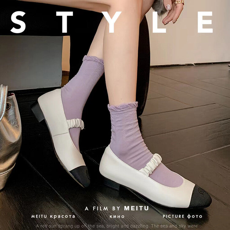 Karin Luna In Stock  Chanel Style Sheepskin Vintage Wrinkled Cable Strap Flat Round Toe Color Block Mary Jane