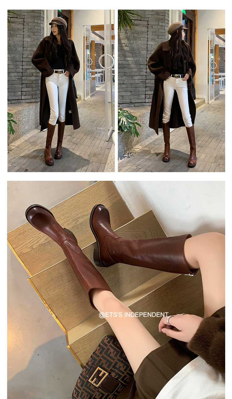 Karin Luna Basic Versatile Style Round Toe Chunky Heel Long Boots