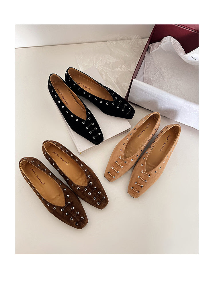 Karin Luna In Stock Spot Goods    Old Money Style Square Toe Suede Flats