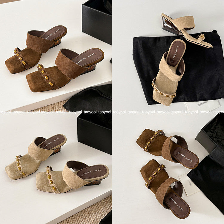 Karin Luna Hot-Selling Element Amber Heel~Spot Goods Spot Goods  Vacation Style One-Strap Amber Irregular Heel Slippers