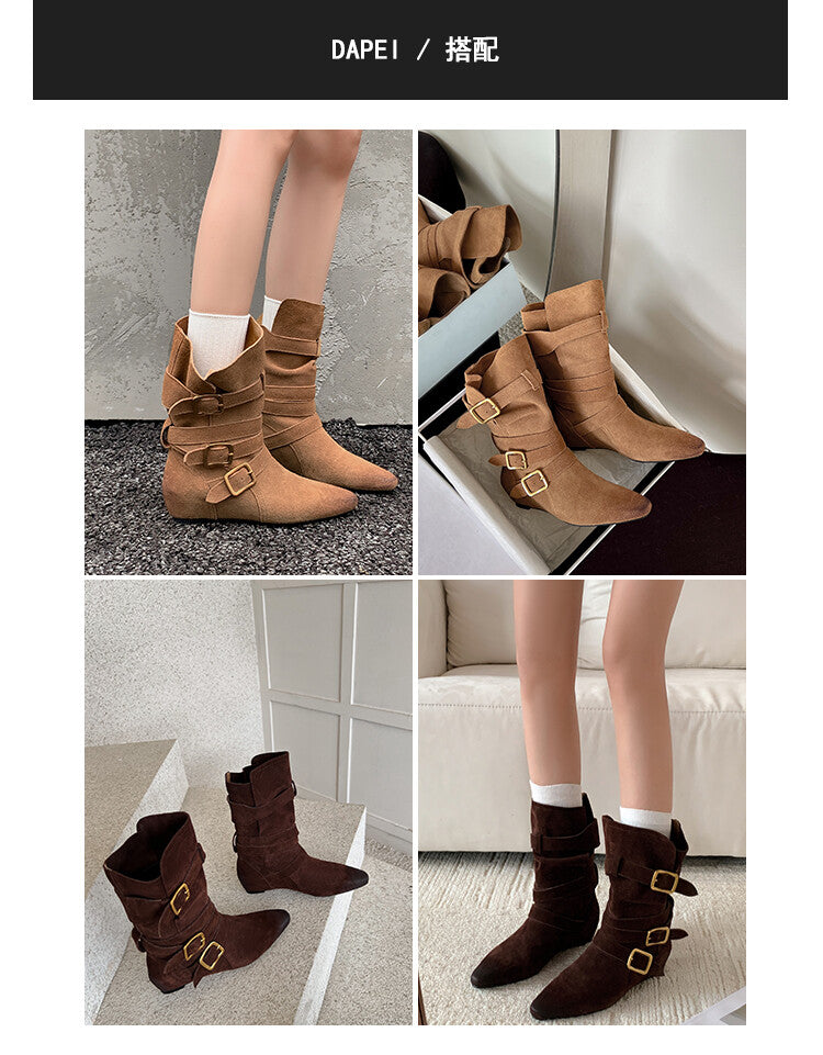 Karin Luna Cow Leather Small Square Toe Belt Buckle Fashion Boots