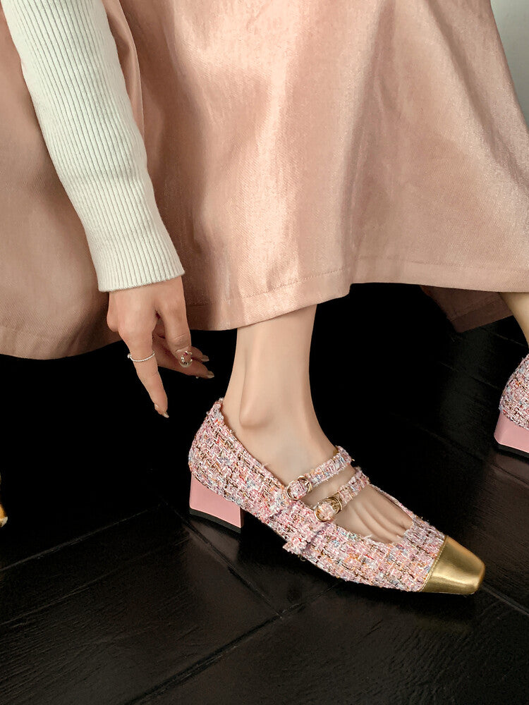 Karin Luna Classic Chanel Style~ Tweed Spring Limit Square Toe Chunky Heel Mary Jane Strap Single Shoes