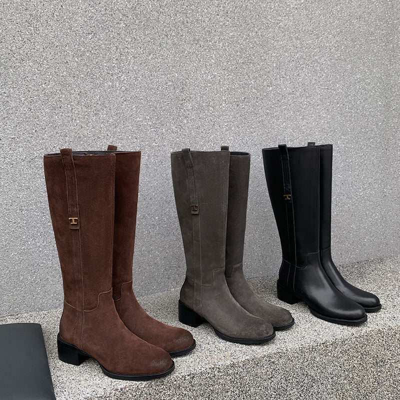 Karin Luna In Stock Spot Goods Basic Retro Square Toe Chunky Heel Riding Boots