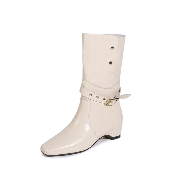 Karin Luna Foldable Belt Buckle Square Toe Hidden Wedge Short Boots