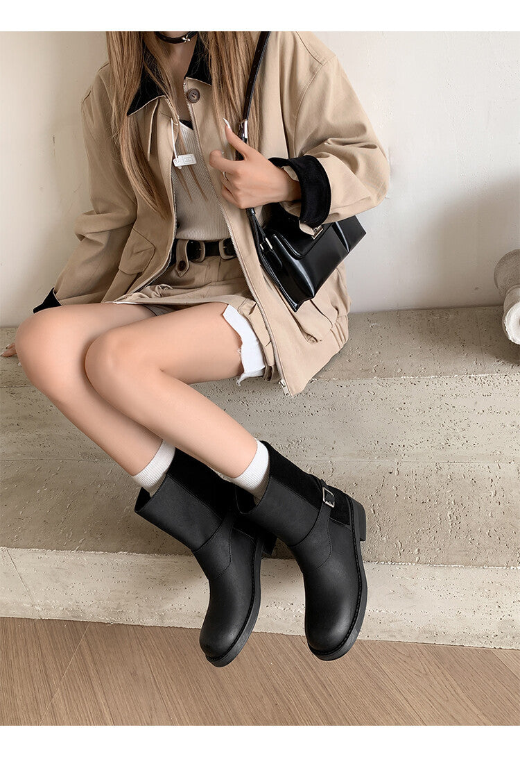 Karin Luna Belt Buckle Chunky Heel Fashion Short Boots