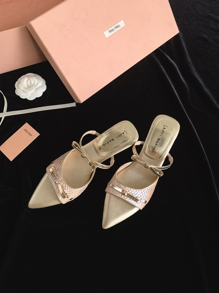 Karin Luna Fish Skin Series~Pointed Toe Irregular Heel Bowknot Strap Slippers