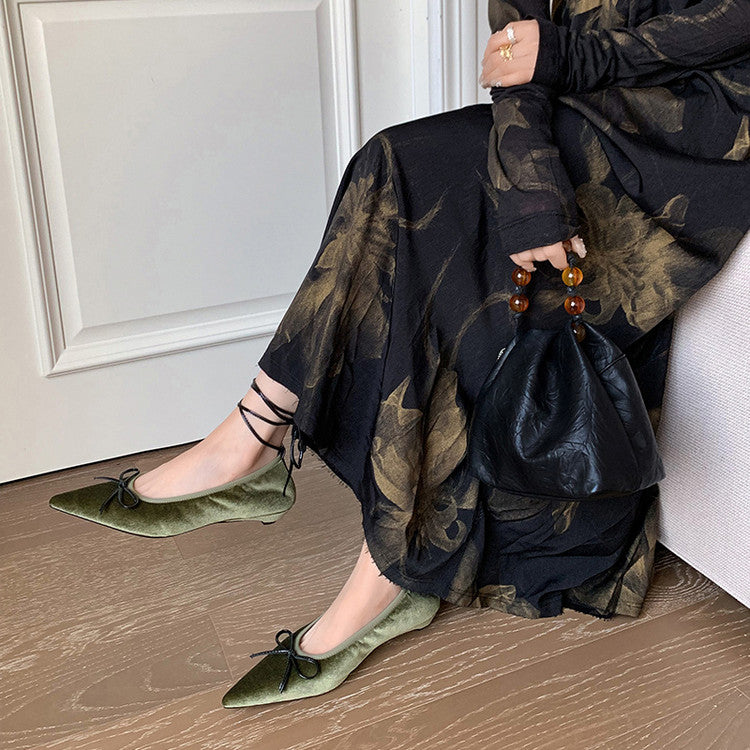 Karin Luna In Stock In Stock Retro Velvet Pointed Toe Bowknot Single Shoes