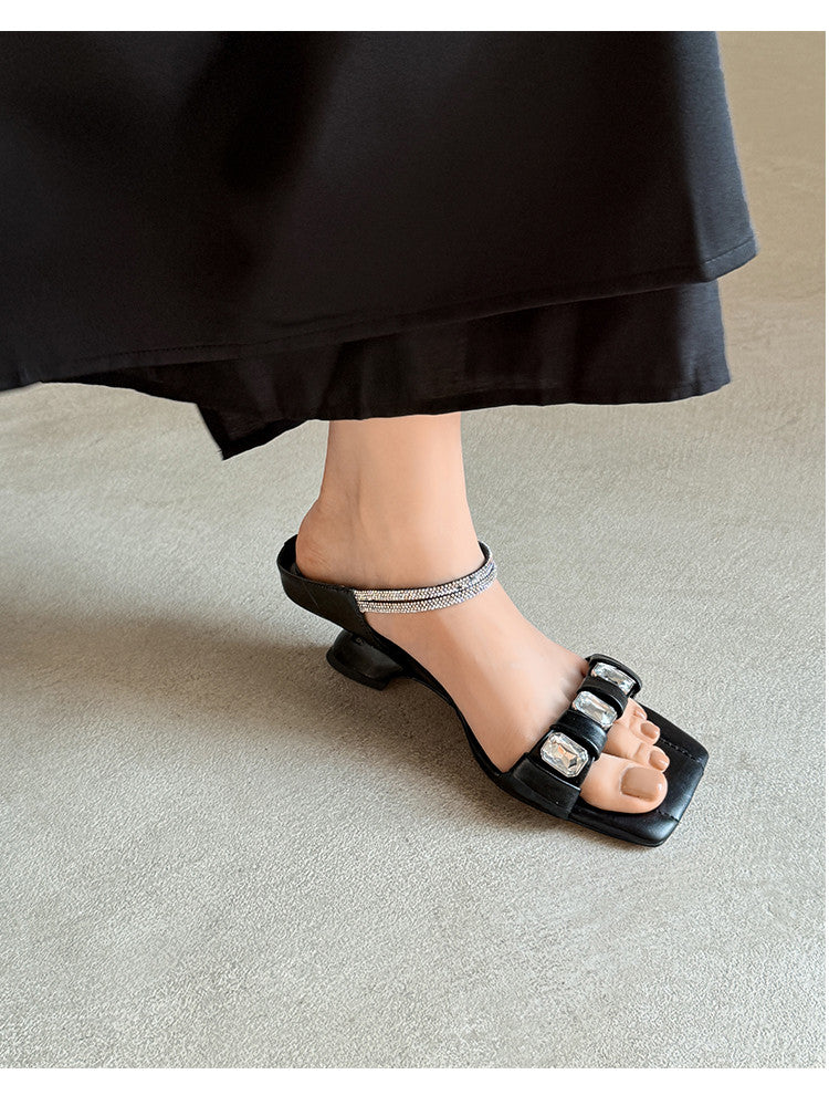 Karin Luna Bestseller Popular Rhinestone Ribbon Square Toe Slippers