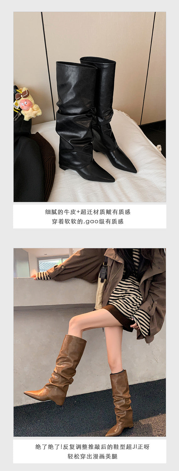 Karin Luna Elegant Style Pointed Toe Hidden Wedge Long Boots