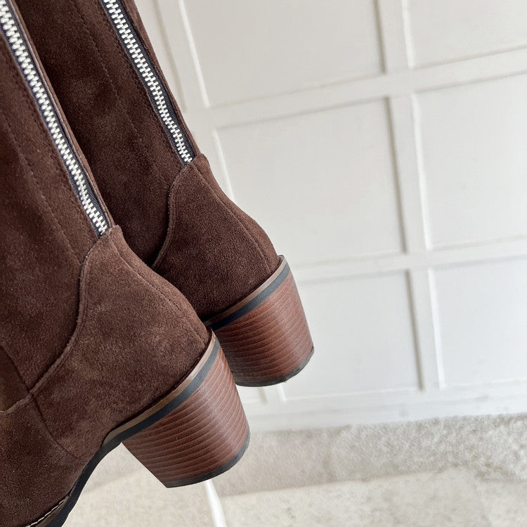 Karin Luna In Stock Spot Goods Retro Cowhide Leather Chunky Heel Suede Long Boots
