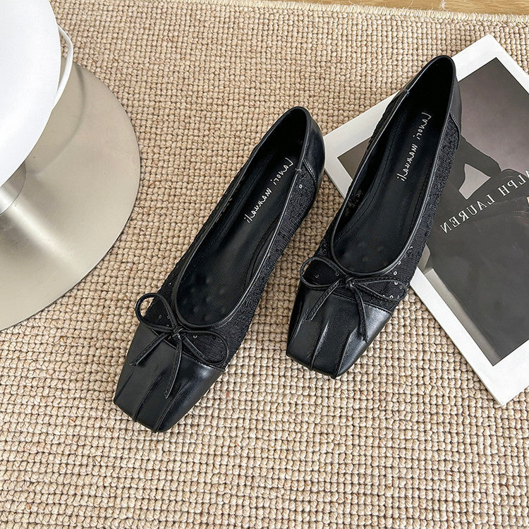 Karin Luna In Stock In Stock  Wrinkled Square Toe Patchwork Breathable Mesh Bow Granny Shoes