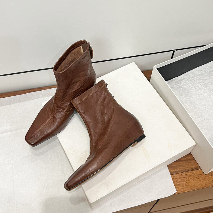 Karin Luna In Stock Spot Goods Slim Series  Hidden Wedge Small Square Toe Back Zipper Short Boots