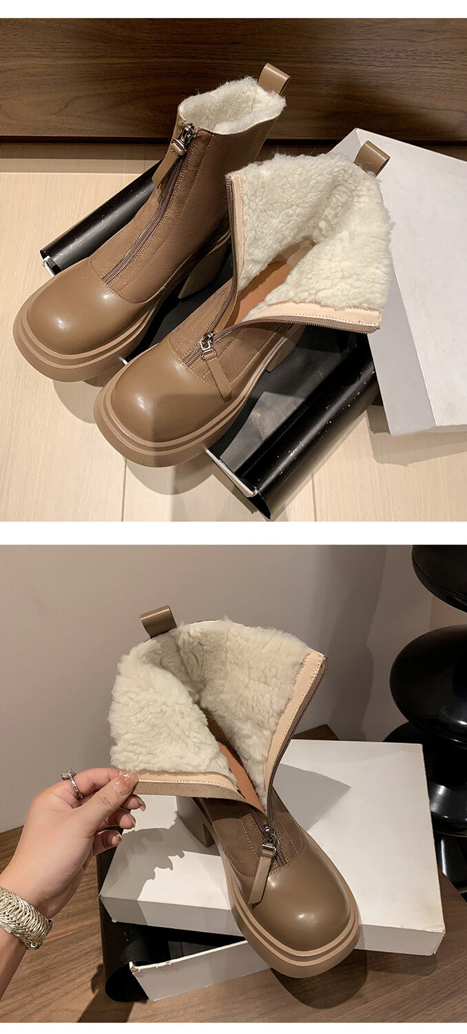 Karin Luna Basic Bestseller Timeless Thick Fur Lined Round Toe Thick Sole Cowhide Snow Boots