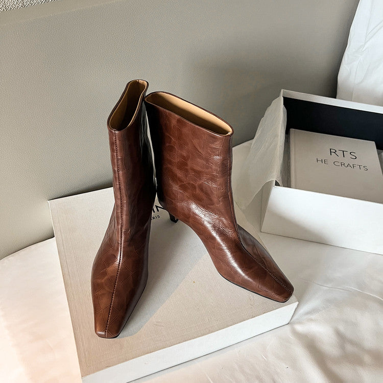 Karin Luna In Stock Spot Goods Top Layer Stone Pattern Cowhide Textured Small Square Toe Straight Short Boots