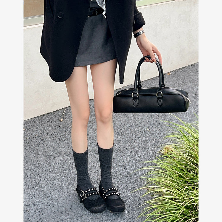 Karin Luna Hot Item Hot Item Punk Style One-Strap Round-Toe Suede Leather Height-Increasing Flats