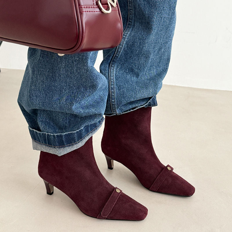 Karin Luna Elegant Style Small Square Toe Belt Buckle Thin Heel Short Boots