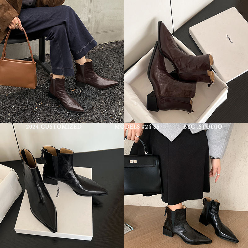 Karin Luna In Stock Spot Goods Elegant Stretch Fabric Patchwork Pointed Toe Chunky Heel Short Boots