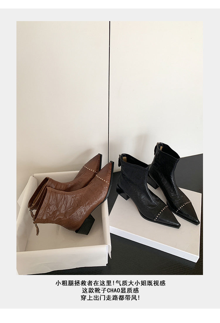 Karin Luna In Stock In Stock Slim Boots Series~Pointed Toe Rivet Slim Short Boots