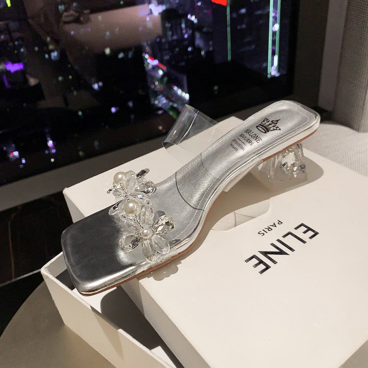 Karin Luna In Stock Spot Goods  Always in stock Square Toe Sweet Rhinestone Crystal Heel Slippers