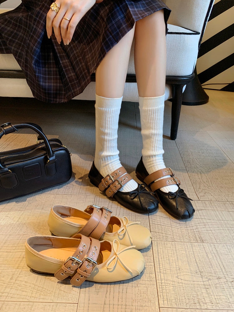 Karin Luna In Stock Spot Goods Minimalist Retro Round Toe Mary Jane Bowknot Height-Increasing Flats