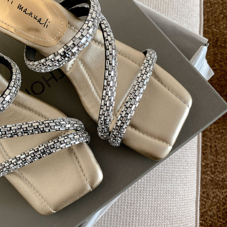 Karin Luna In Stock Spot Goods  Rhinestone One-Strap Irregular Heel Square-Toe Slippers