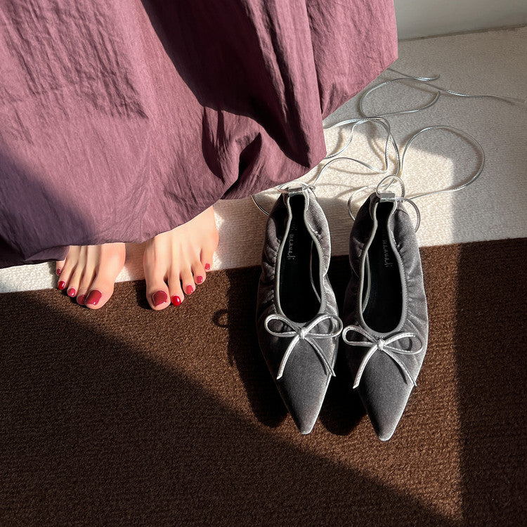 Karin Luna In Stock In Stock Retro Velvet Pointed Toe Bowknot Single Shoes