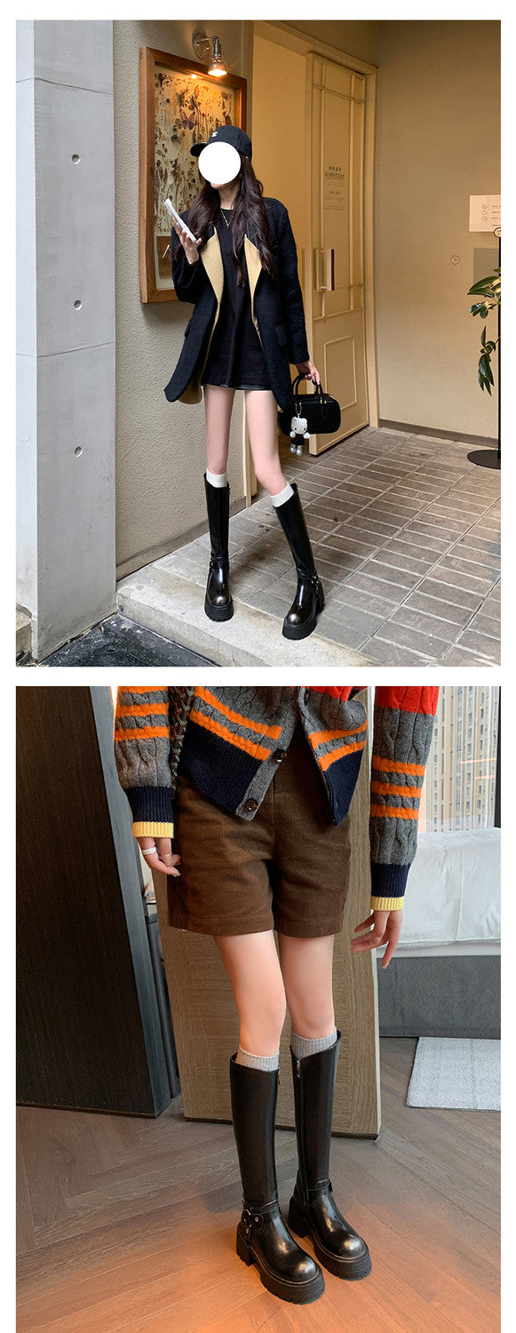 Karin Luna In Stock Spot Goods Round Toe Thick Sole Belt Buckle Straight Long Boots
