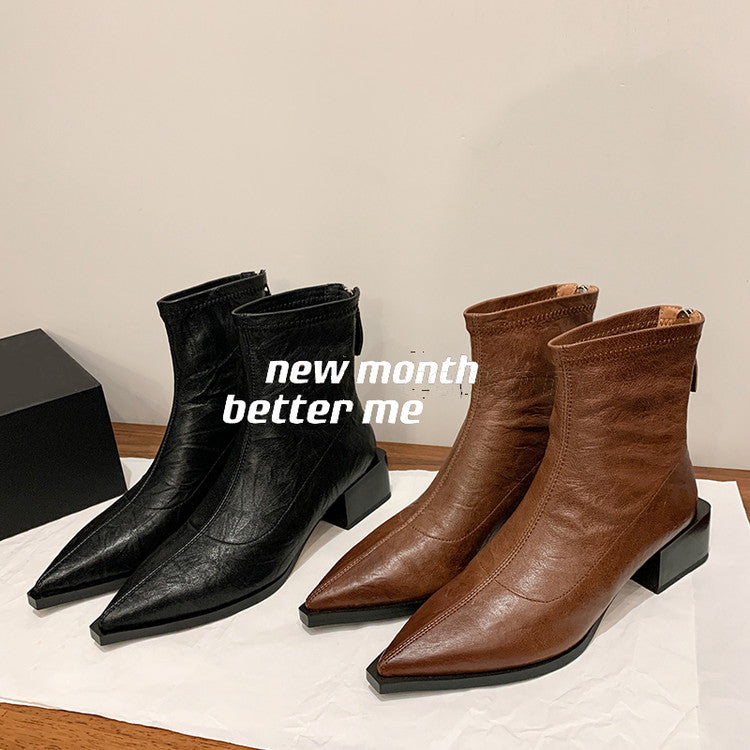 Karin Luna Elegant Style Pointed Toe Chunky Heel Short Boots