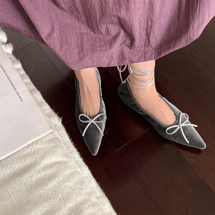 Karin Luna In Stock In Stock Retro Velvet Pointed Toe Bowknot Single Shoes