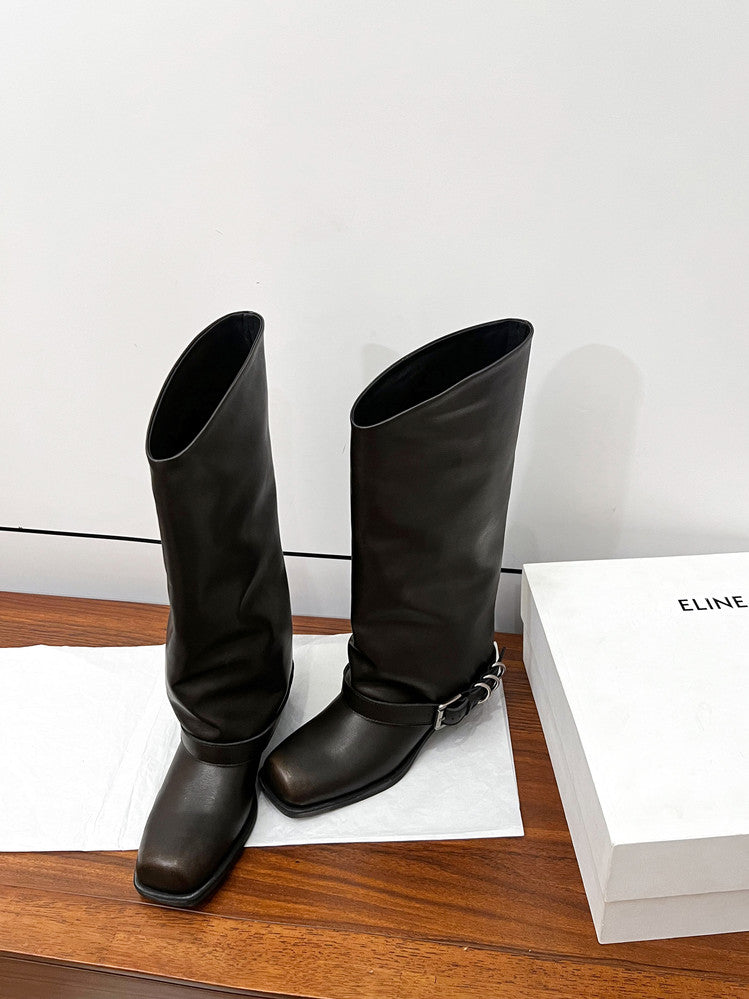Karin Luna Elegant Style Square Toe Belt Buckle Pants Boot Short Boots