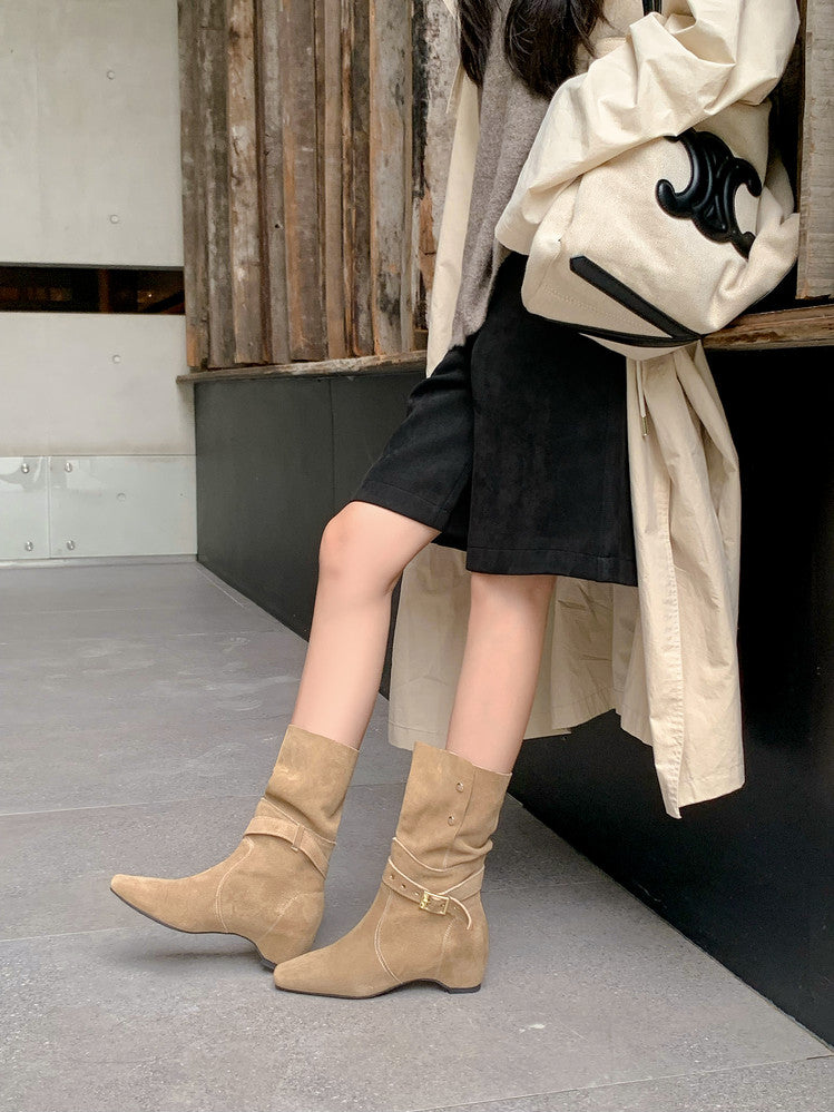 Karin Luna Foldable Belt Buckle Square Toe Hidden Wedge Short Boots