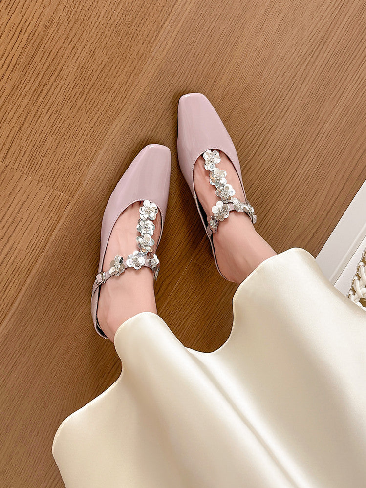 Karin Luna In Stock Spot Goods  T Handmade Sequin Flower Square Toe Height-Increasing Closed-Toe Slippers