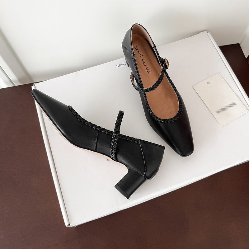 Karin Luna Braided Element Design Chunky Heel Square Toe Single Strap Shoes
