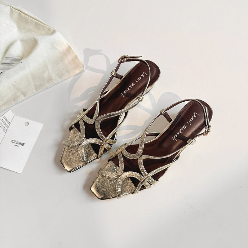 Karin Luna French Hollow Style Small Square Toe Chunky Heel Sandals
