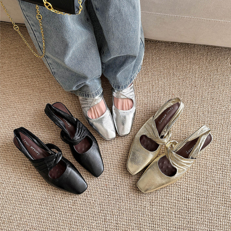 Karin Luna In Stock  Spot Goods Small Square Toe Wrinkled Chunky Heel Closed-Toe Sandals