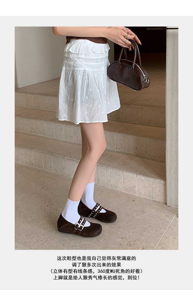 Karin Luna Hot Item Hot Item Punk Style One-Strap Round-Toe Suede Leather Height-Increasing Flats
