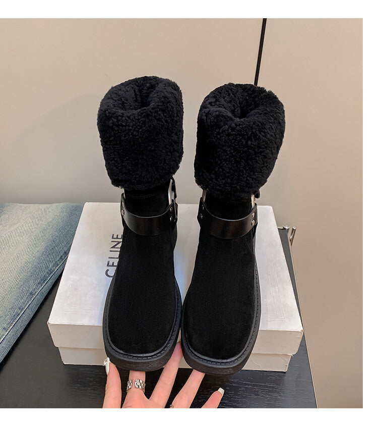 Karin Luna Genuine Lamb Wool and Cowhide Leather Hot-selling Metal Buckle Round Toe Chunky Heel Main Push Main Push