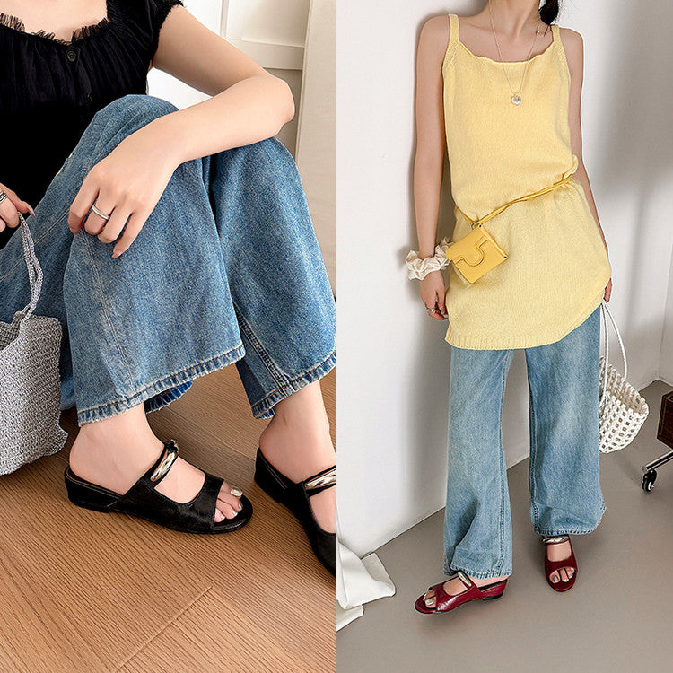 Karin Luna In Stock Spot Goods  Metal Buckle Round Toe Strap Slippers