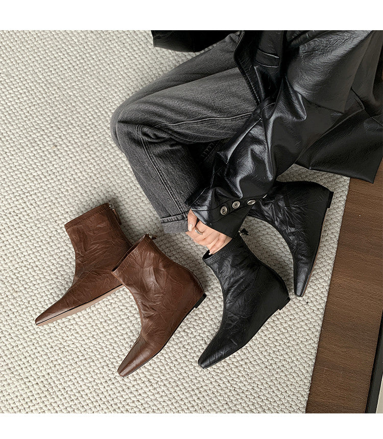 Karin Luna In Stock Spot Goods Slim Series  Hidden Wedge Small Square Toe Back Zipper Short Boots