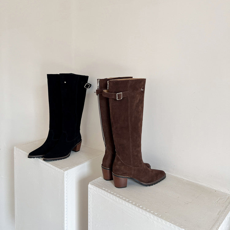Karin Luna In Stock Spot Goods Retro Cowhide Leather Chunky Heel Suede Long Boots