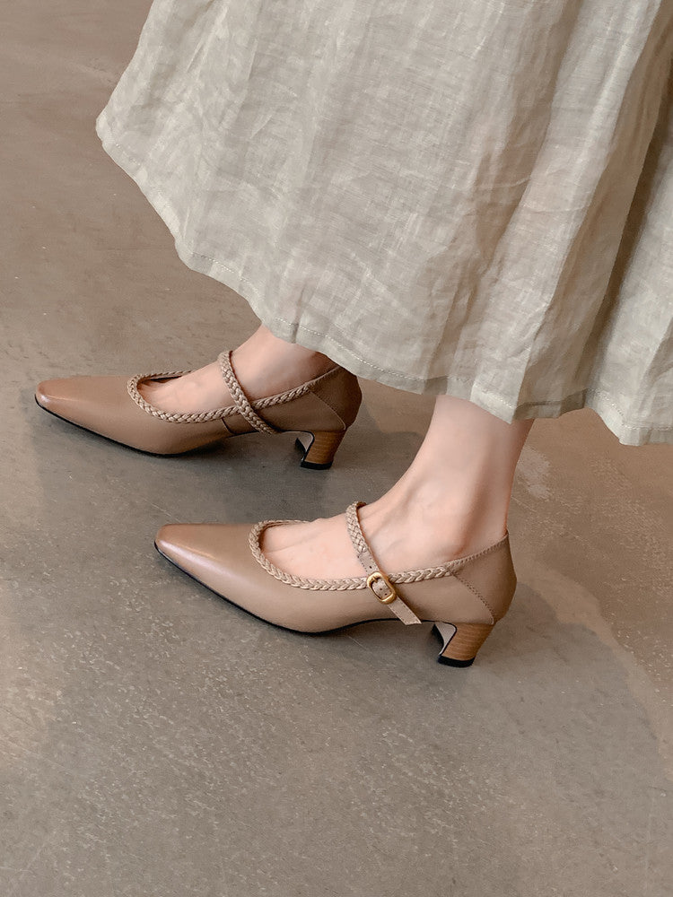 Karin Luna Braided Element Design Chunky Heel Square Toe Single Strap Shoes