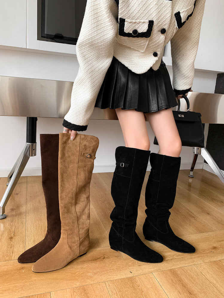 Karin Luna In Stock Spot Goods Vintage Cowhide Leather Two-Way Wear Pointed Toe Height-Increasing Long Boots