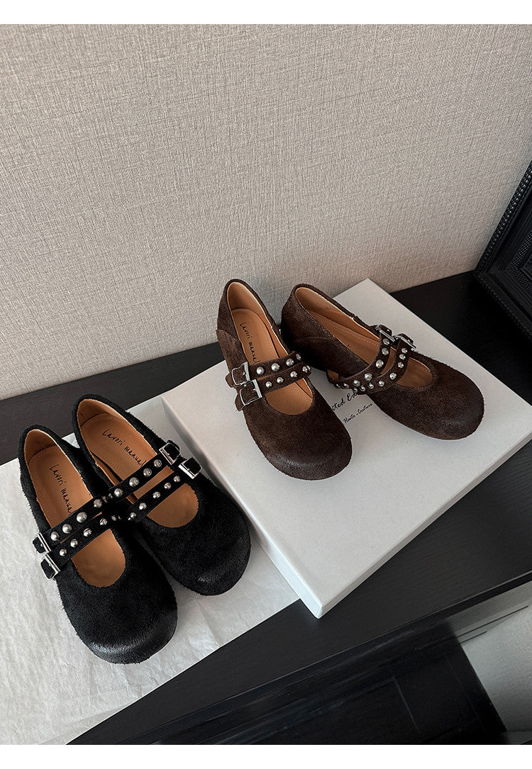 Karin Luna Hot Item Hot Item Punk Style One-Strap Round-Toe Suede Leather Height-Increasing Flats