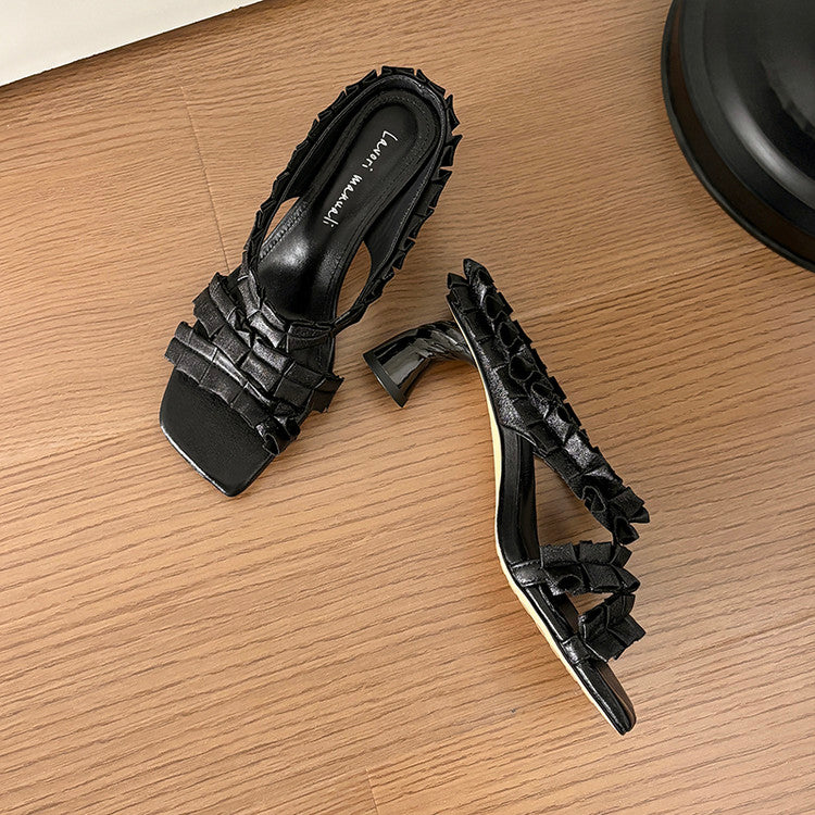 Karin Luna In Stock  Spot Goods  Unique Square-Toe Pleated Lace Sandals