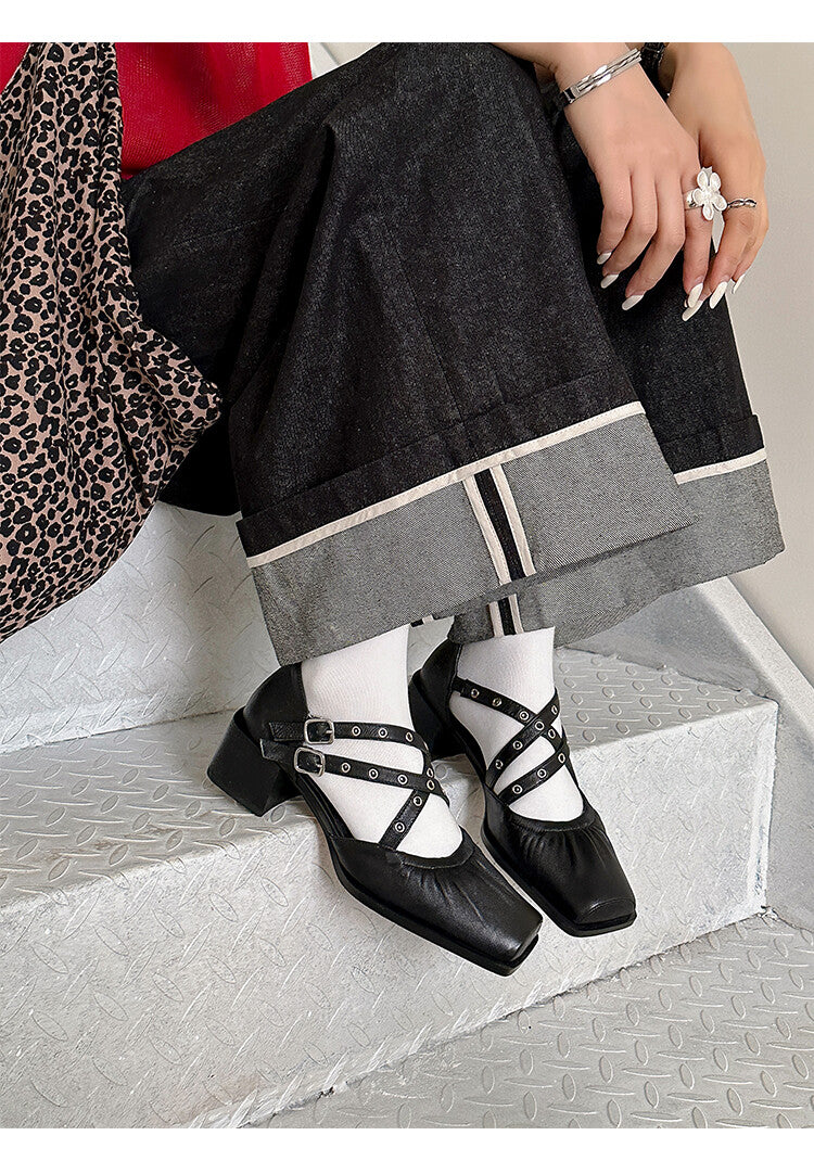 Karin Luna In Stock Spot Goods First Layer Sheepskin Cross Strap Rivet Square Toe Mary Jane Sandals