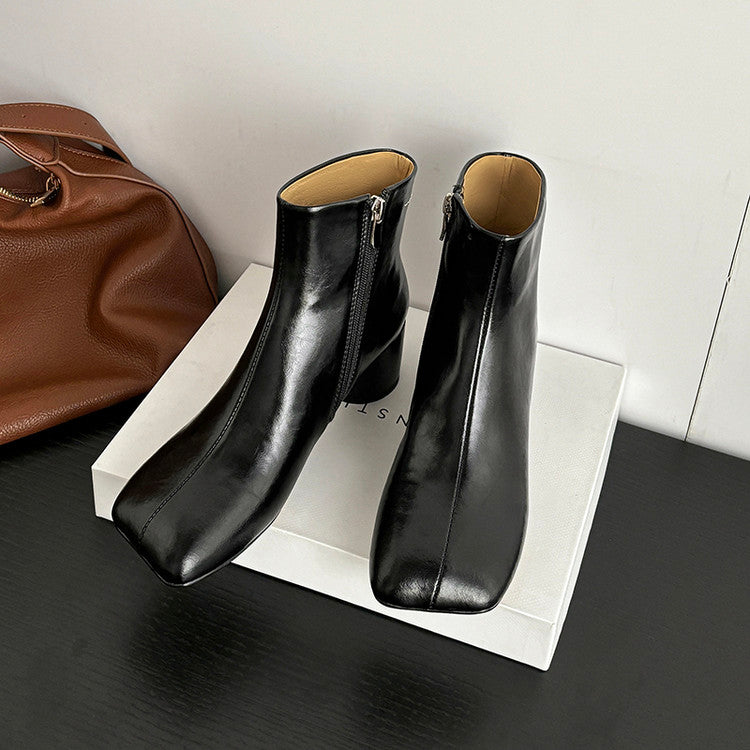 Karin Luna French Style Square Toe Chunky Heel Ankle Boots