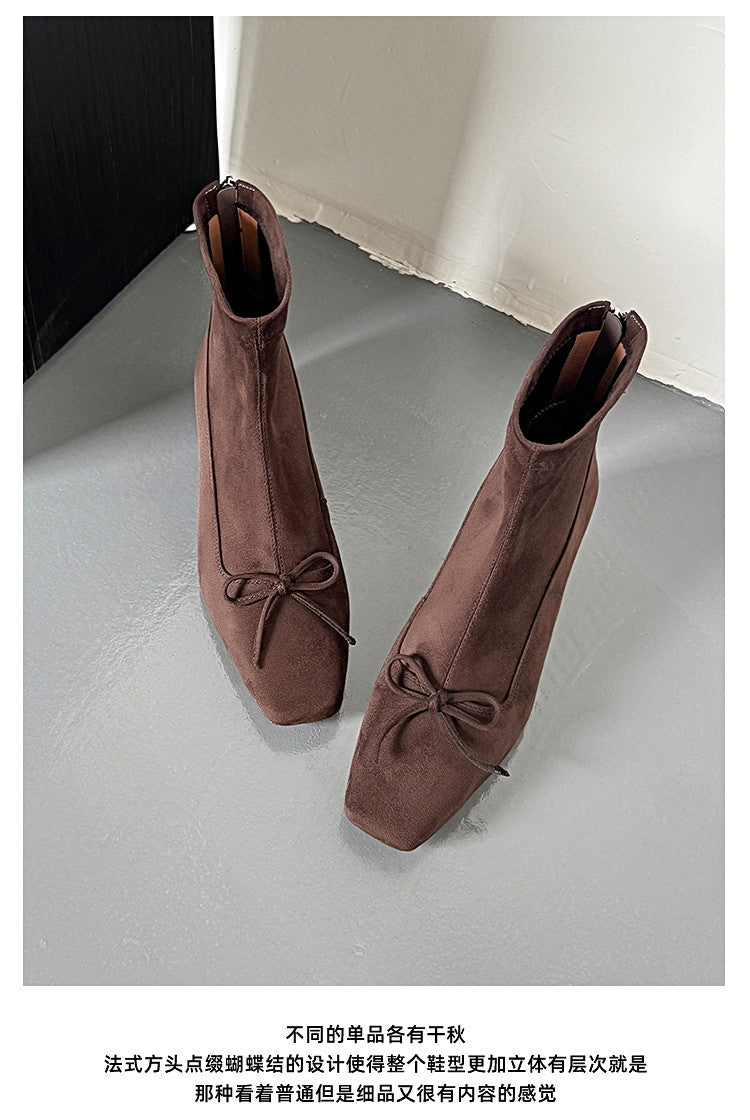 Karin Luna French Style Square Toe Bowknot Hidden Wedge Slim Boots