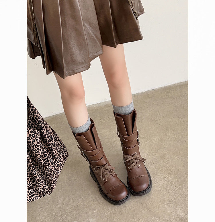 Karin Luna Bestseller Hot-Selling Large Tube Leather Belt Buckle Round Toe Thick-Soled Short Boots
