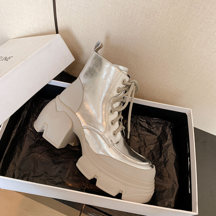 Karin Luna Casual Thick Sole Full Cowhide Lace-up Thick-soled Short Boots   Classic All-Matching